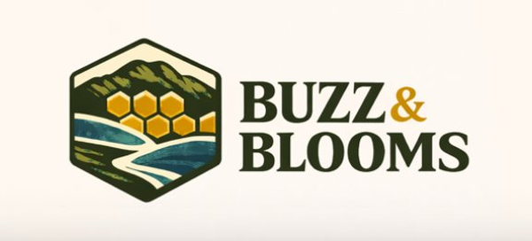 Buzz and Blooms logo with mountain, river, and honeycomb